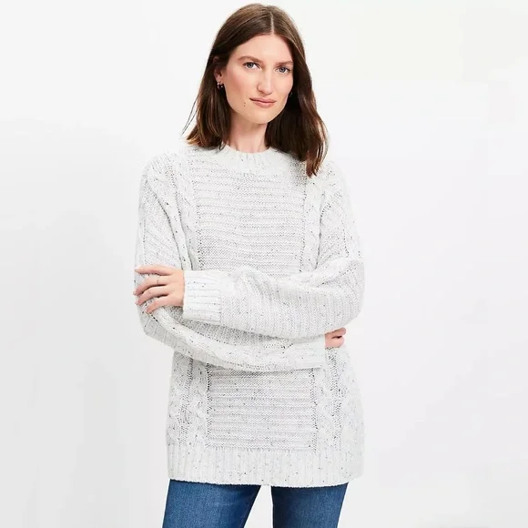 EUC LOFT Flecked Cable Linked Mock Neck Tunic Sweater - Ivory Multi - Picture 2 of 7